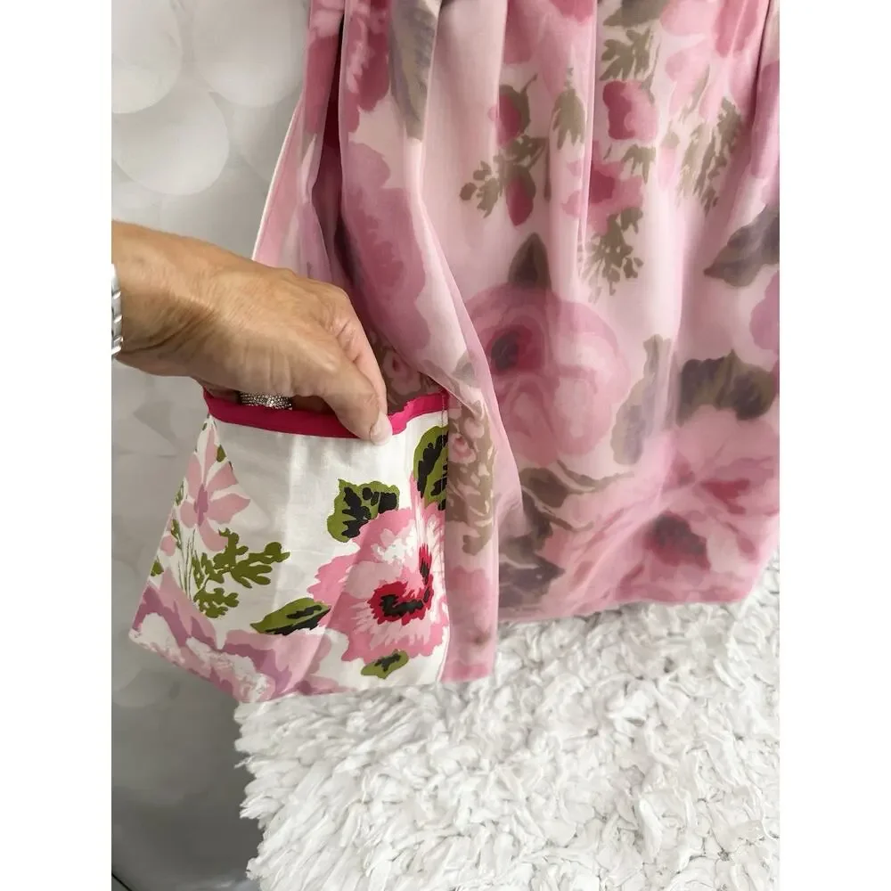 VTG HANDMADE Pink Rose Chintz Hostess Apron Chiffon Accents Reversible Country